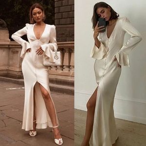 Shona Joy | La Lune Frill Cuff Bias Midi Dress - Cream Size: 4